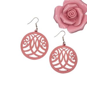 Pink Boho Cutout Wood Round Drop Earrings